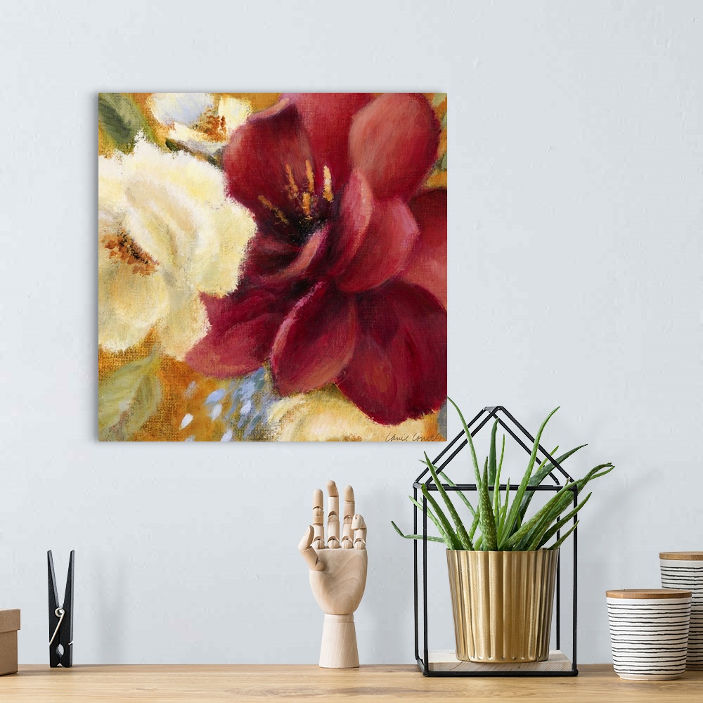 A bohemian room featuring Square, oversized art of two large flowers on a golden background, surrounded by several leaves a...