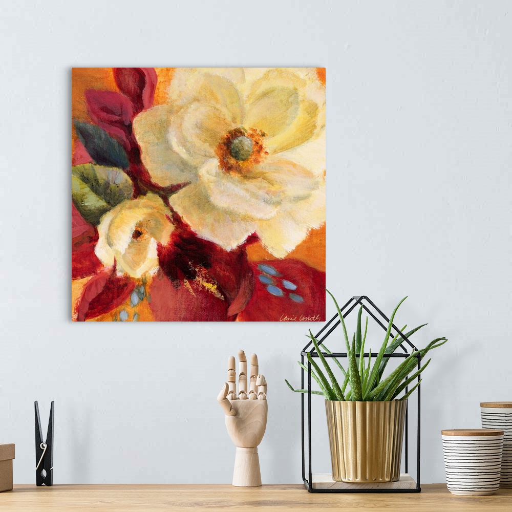 A bohemian room featuring Large closeup artwork of two flowers blooming. Rough texture throughout.