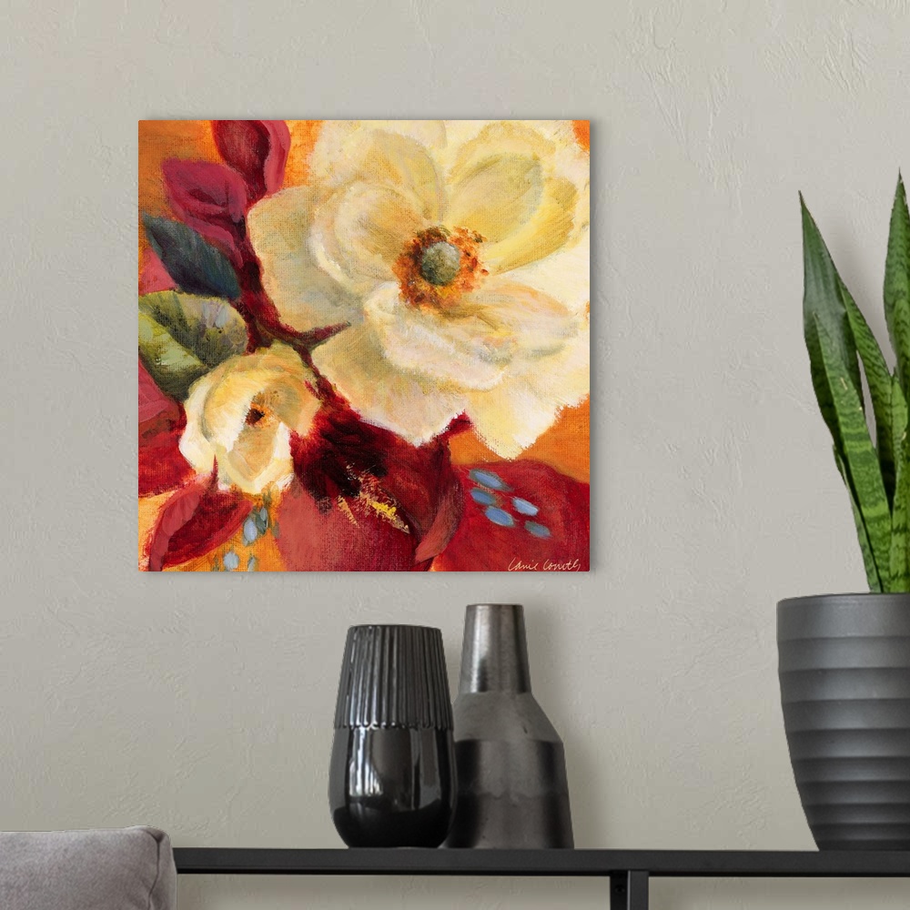 A modern room featuring Large closeup artwork of two flowers blooming. Rough texture throughout.