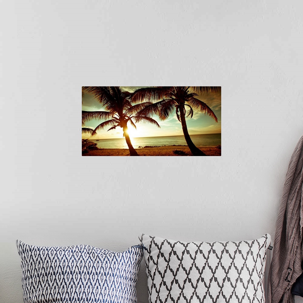 A bohemian room featuring Panoramic photograph of beach in the Bahamas at dusk with huge palm tress in the foreground.   Th...