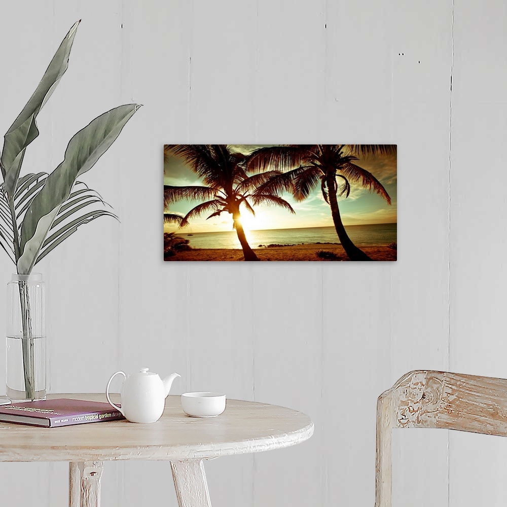 A farmhouse room featuring Panoramic photograph of beach in the Bahamas at dusk with huge palm tress in the foreground.   Th...