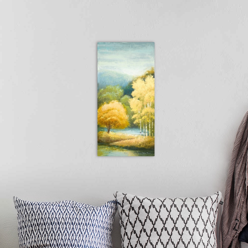 A bohemian room featuring A contemporary landscape painting of yellow birch trees with a sponge-like texture.