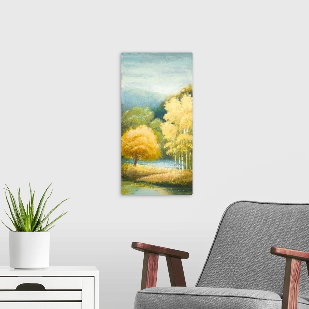 A modern room featuring A contemporary landscape painting of yellow birch trees with a sponge-like texture.