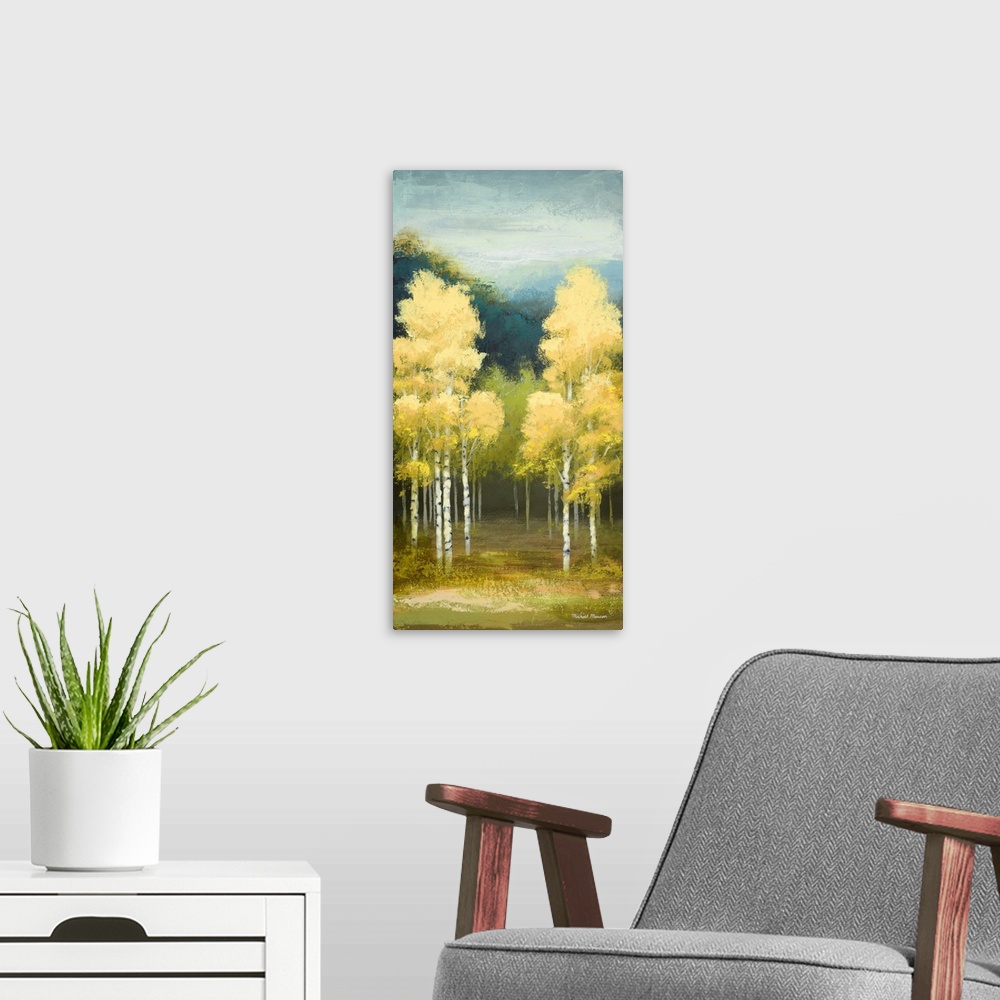 A modern room featuring A contemporary landscape painting of yellow birch trees with a sponge-like texture.