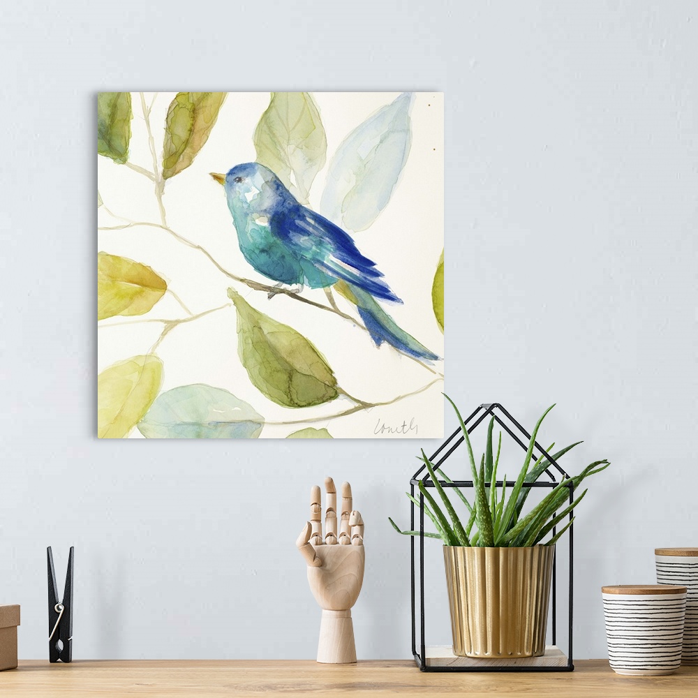 A bohemian room featuring Square watercolor painting of a bird made with different shades of blue perched on a tree branch,...