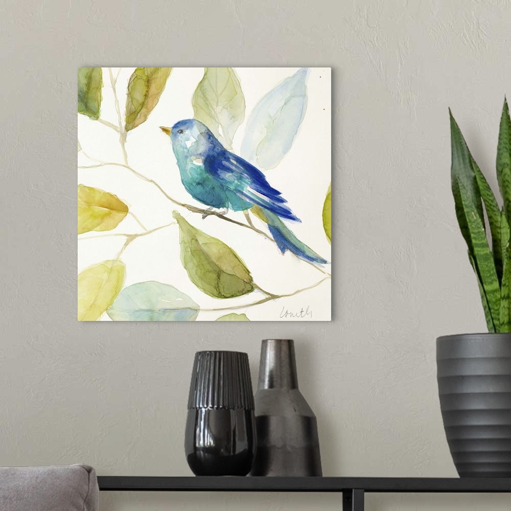 A modern room featuring Square watercolor painting of a bird made with different shades of blue perched on a tree branch,...