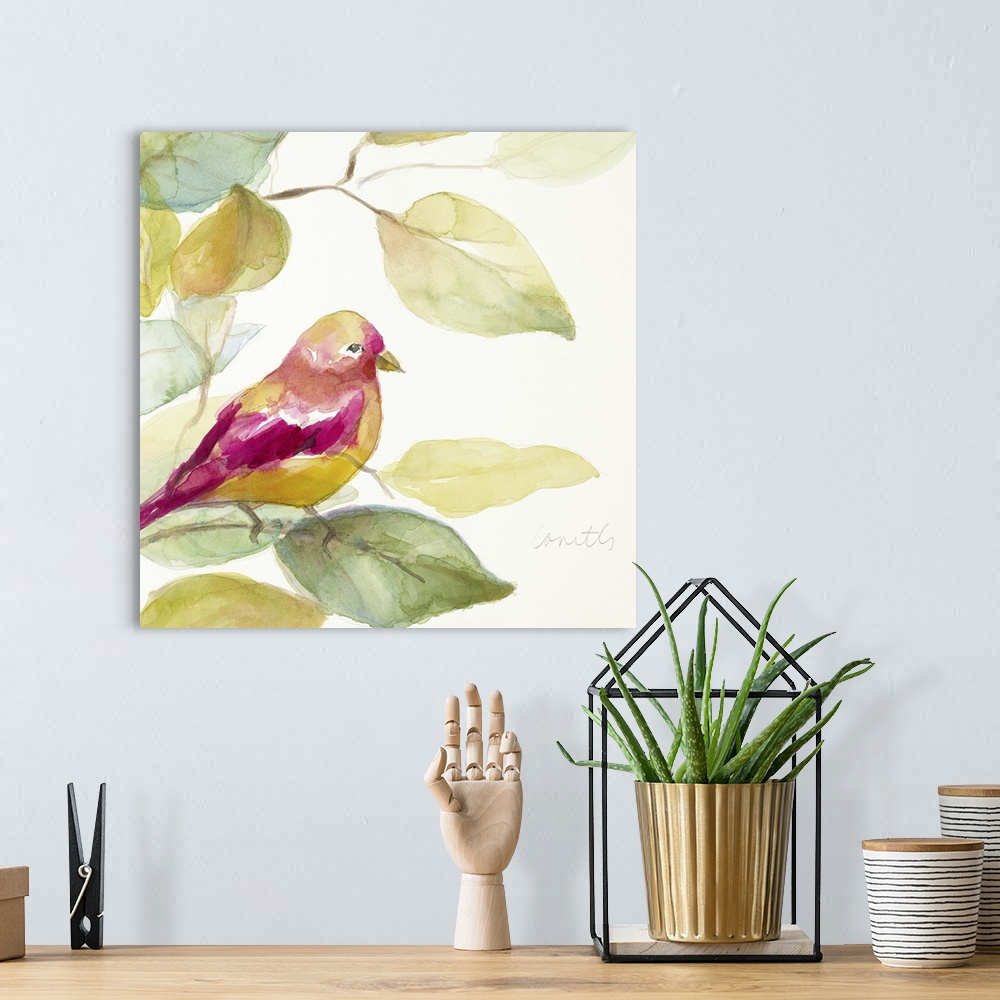 A bohemian room featuring Square watercolor painting of a bird made with magenta and yellow hues perched on a tree branch, ...