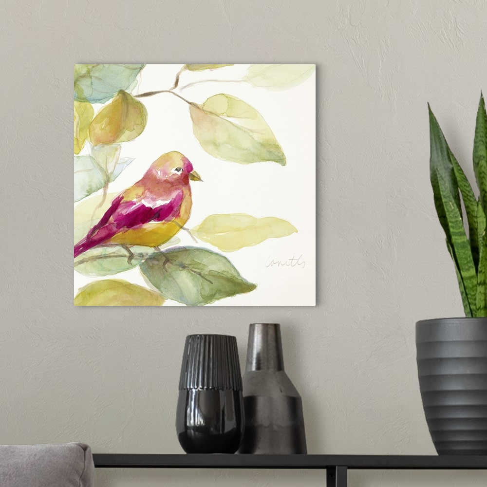 A modern room featuring Square watercolor painting of a bird made with magenta and yellow hues perched on a tree branch, ...