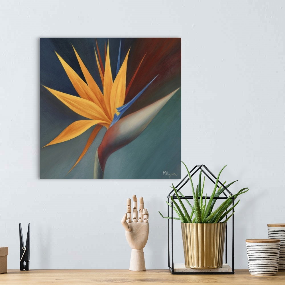 A bohemian room featuring This is a square painting by a contemporary artist of a spikey, tropical plant against a dark, si...