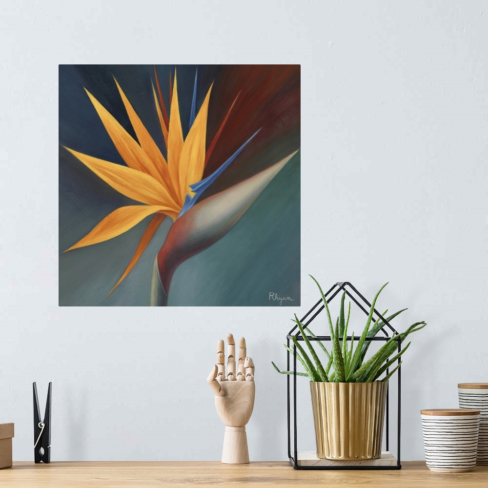 A bohemian room featuring This is a square painting by a contemporary artist of a spikey, tropical plant against a dark, si...