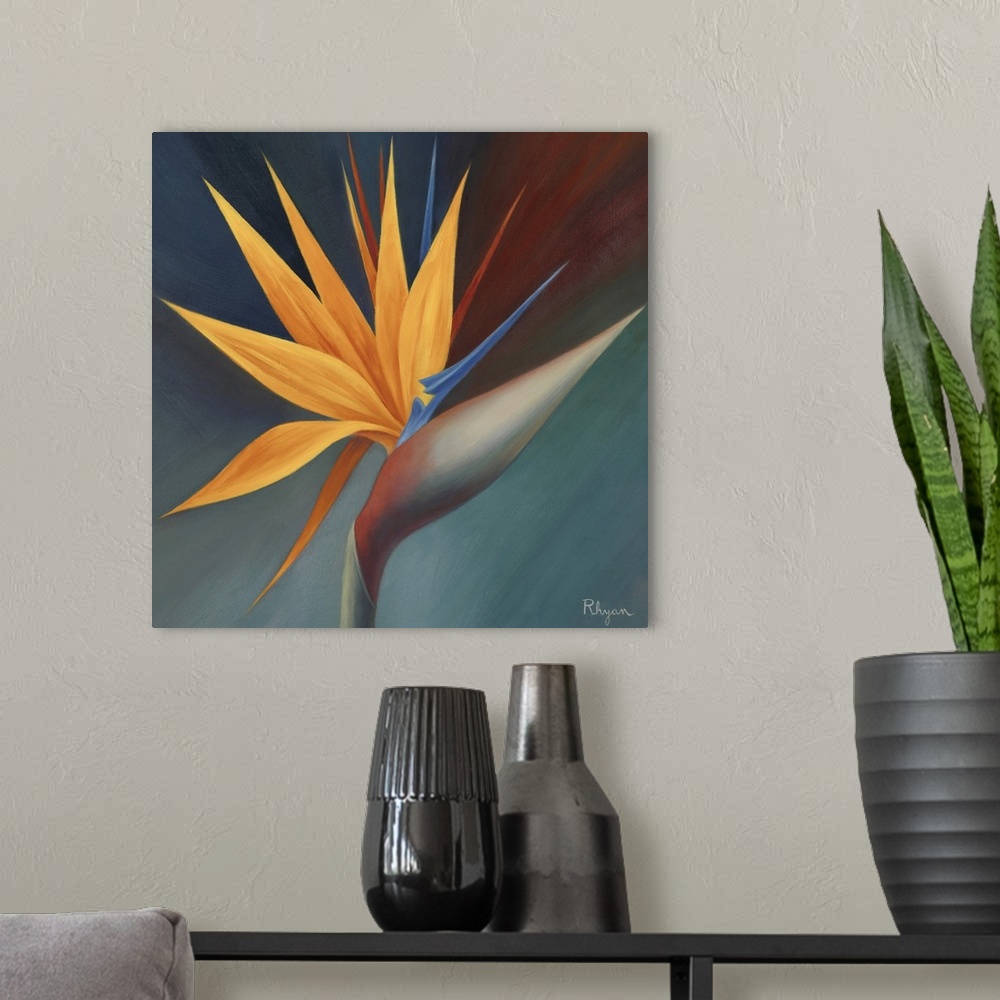 A modern room featuring This is a square painting by a contemporary artist of a spikey, tropical plant against a dark, si...