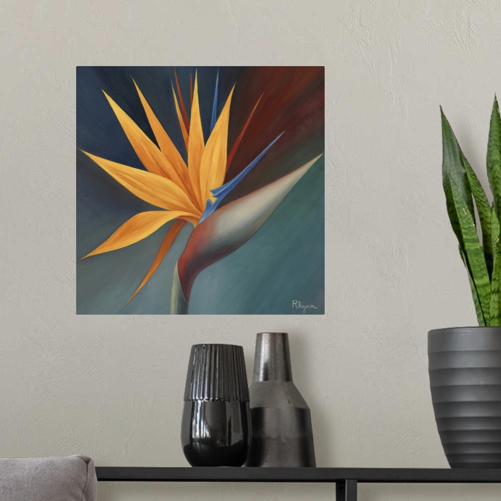 A modern room featuring This is a square painting by a contemporary artist of a spikey, tropical plant against a dark, si...