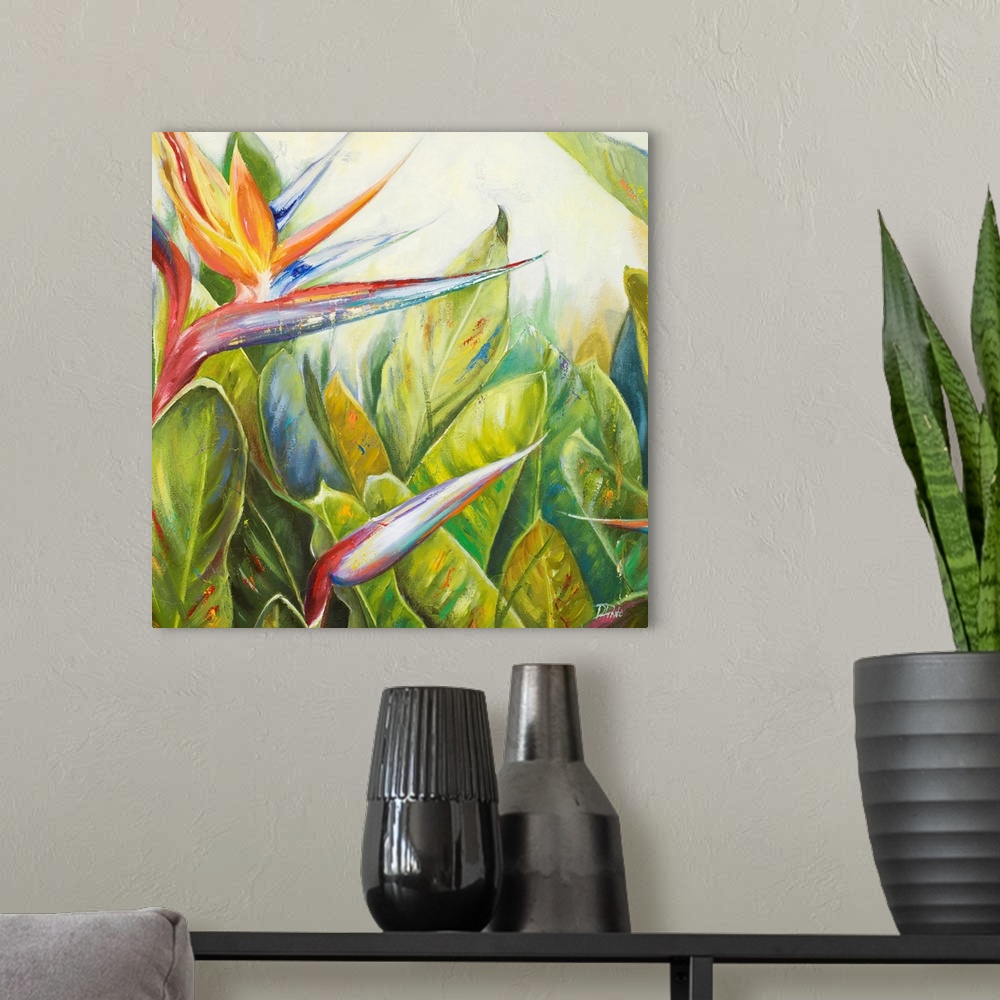 A modern room featuring Square, giant floral painting of two bird of paradise flowers, one bloomed, amongst a large bunch...