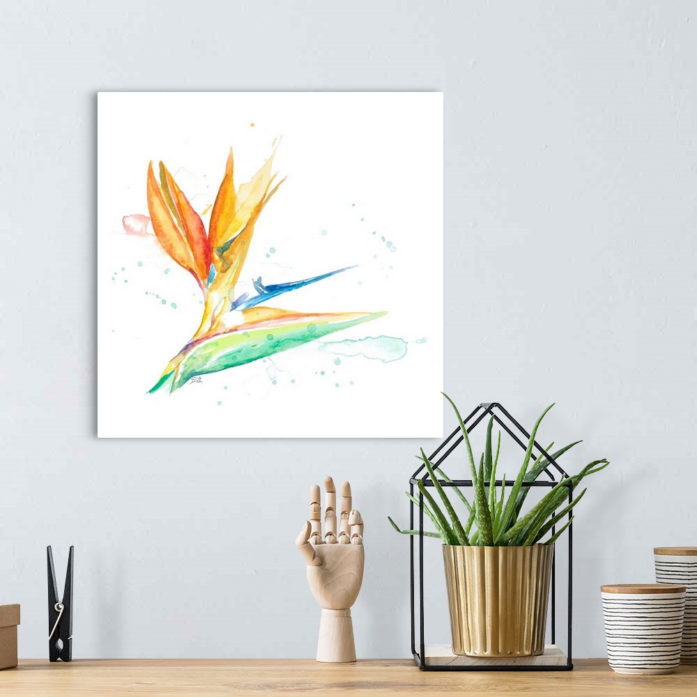 A bohemian room featuring Contemporary artwork featuring a tropical watercolor flower with paint splatters over a white bac...