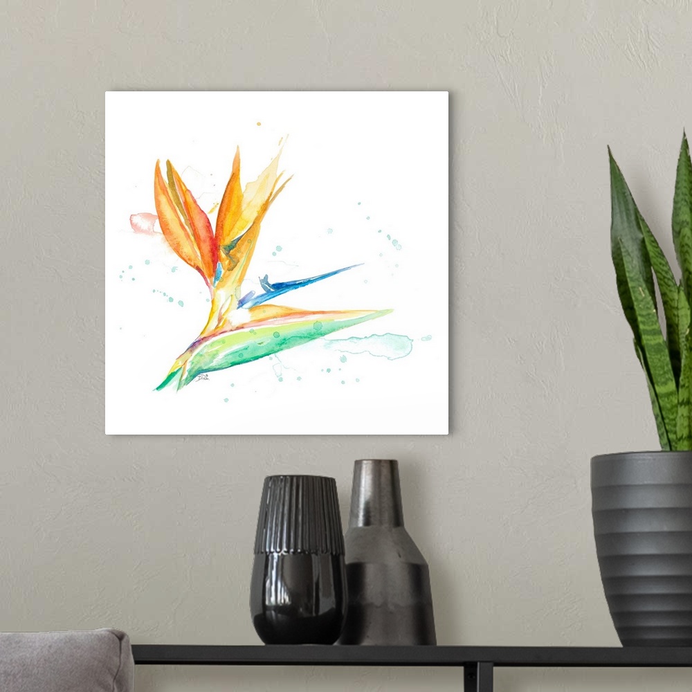 A modern room featuring Contemporary artwork featuring a tropical watercolor flower with paint splatters over a white bac...