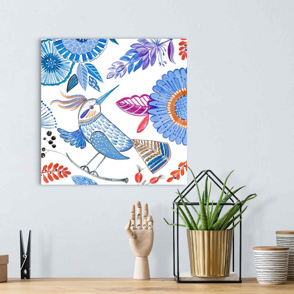 A bohemian room featuring Bird With Flowers I