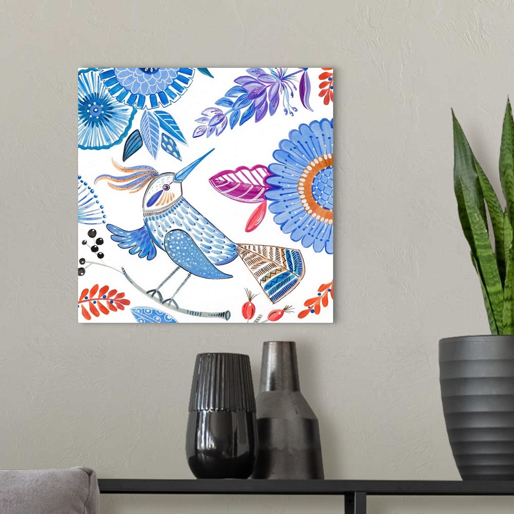 A modern room featuring Bird With Flowers I