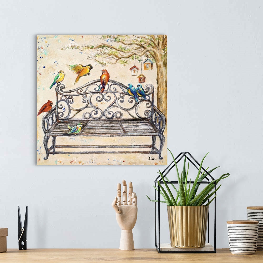 A bohemian room featuring Colorful birds sitting on an iron bench near a tree with bird houses.