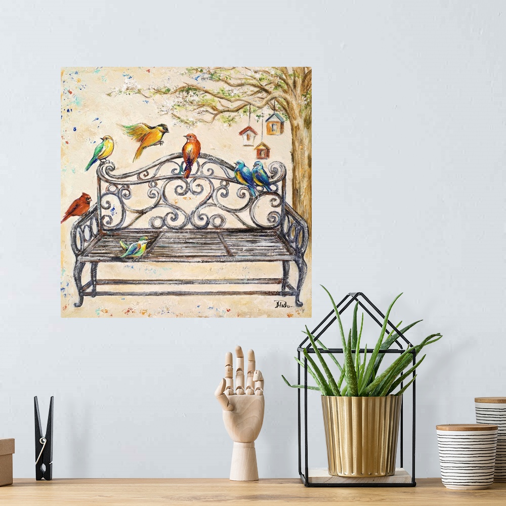 A bohemian room featuring Colorful birds sitting on an iron bench near a tree with bird houses.