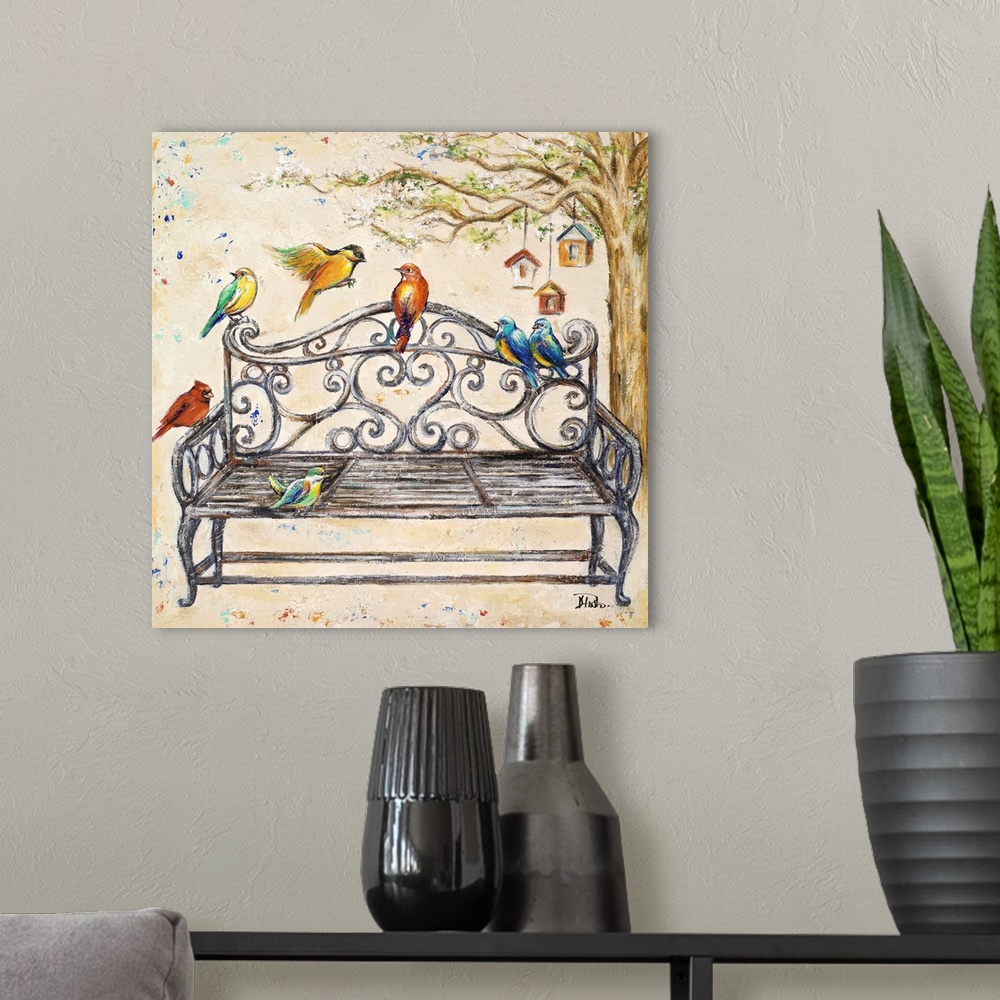 A modern room featuring Colorful birds sitting on an iron bench near a tree with bird houses.
