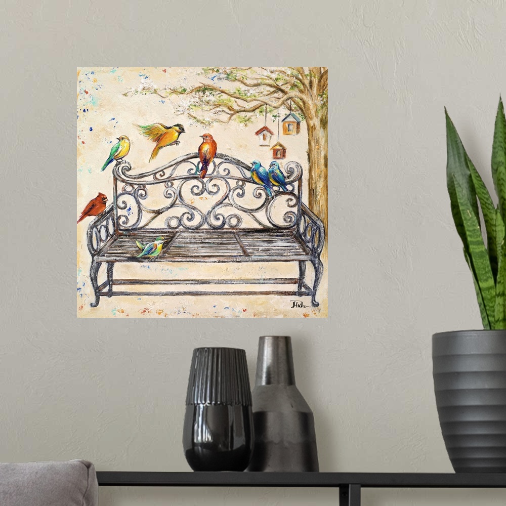 A modern room featuring Colorful birds sitting on an iron bench near a tree with bird houses.