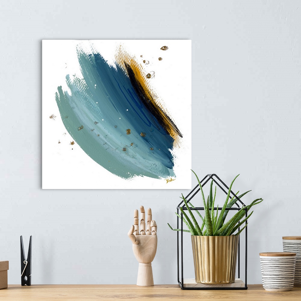 A bohemian room featuring Abstract artwork featuring thick brush strokes in shades of blue with gold color splatters and sp...