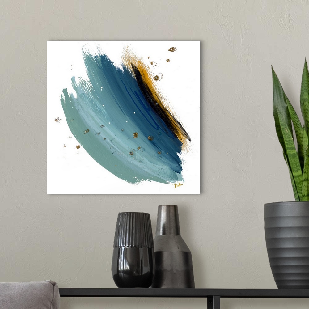 A modern room featuring Abstract artwork featuring thick brush strokes in shades of blue with gold color splatters and sp...