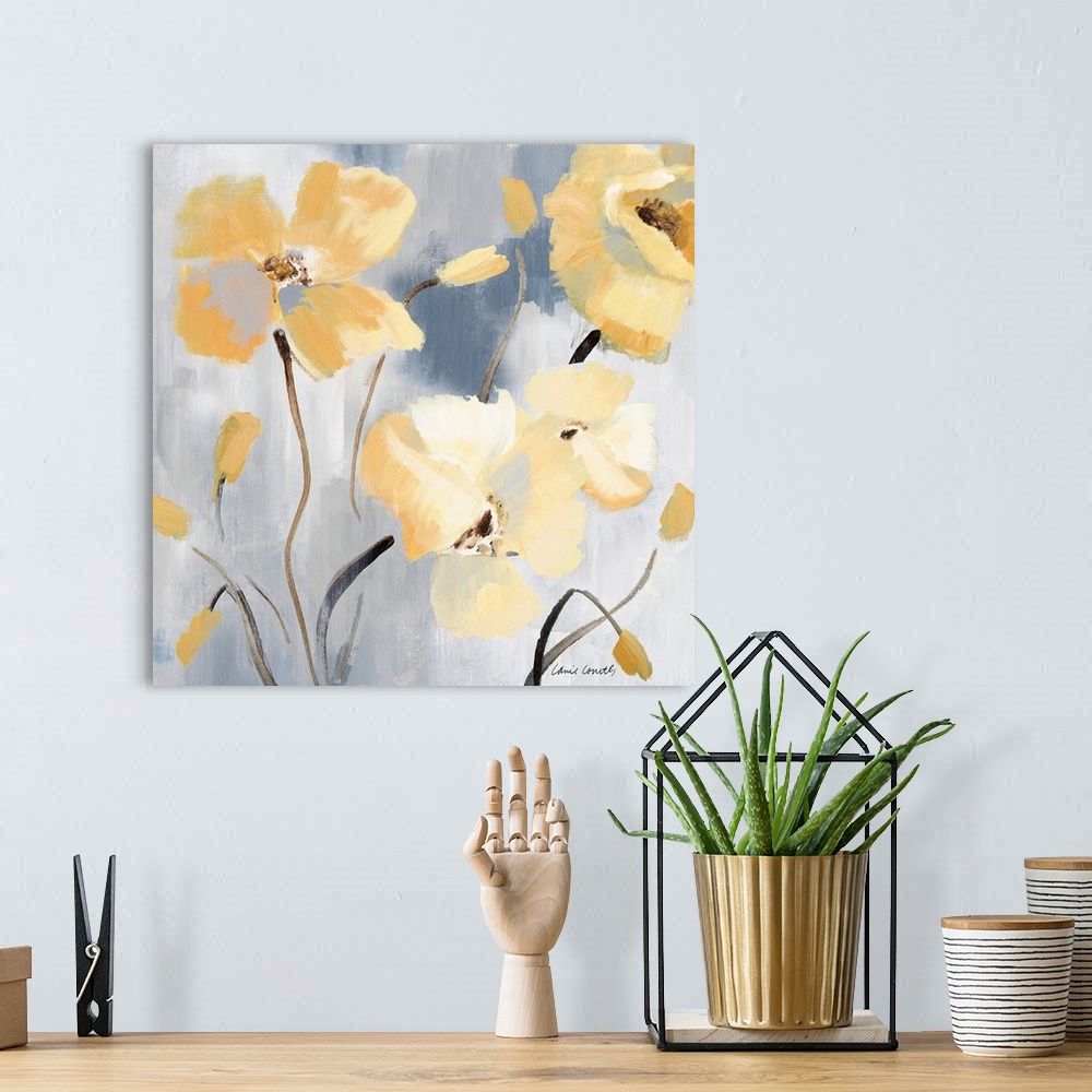 A bohemian room featuring Contemporary artwork featuring soft yellow flowers against a blue-gray background with horizontal...