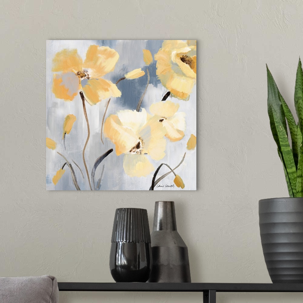 A modern room featuring Contemporary artwork featuring soft yellow flowers against a blue-gray background with horizontal...
