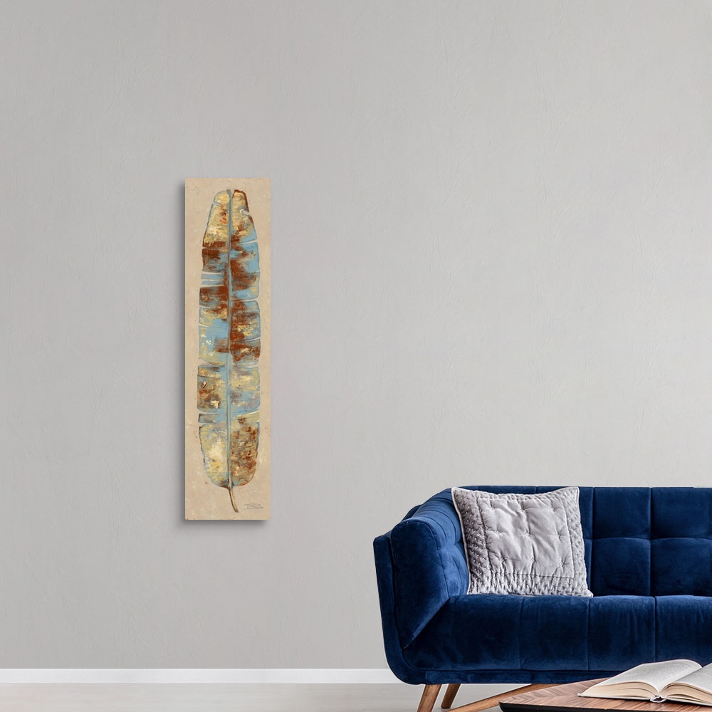A modern room featuring Contemporary artwork of a long, broad leaf in blue and brown shades.