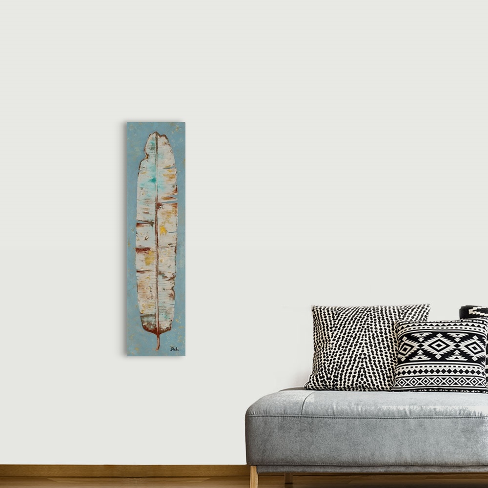 A bohemian room featuring Contemporary artwork of a long, broad leaf in blue and brown shades.