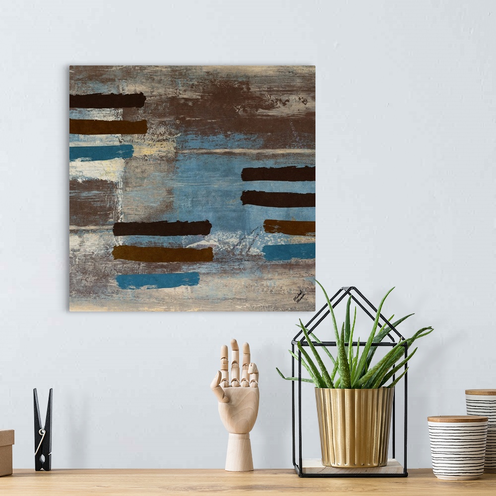 A bohemian room featuring Blue Bared Abstract Square II