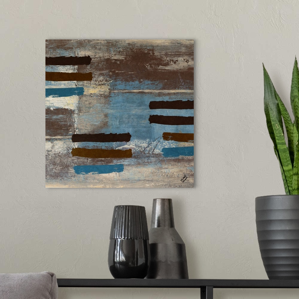A modern room featuring Blue Bared Abstract Square II