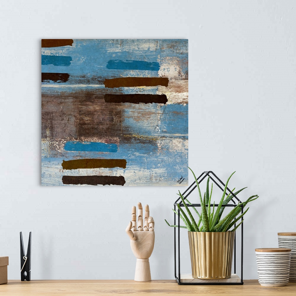 A bohemian room featuring Contemporary abstract painting of grouped lines on a distressed background.