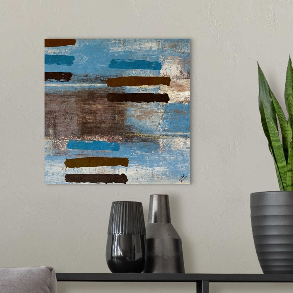 A modern room featuring Contemporary abstract painting of grouped lines on a distressed background.