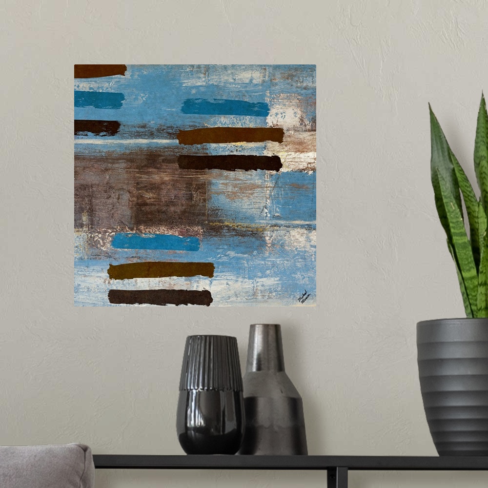 A modern room featuring Contemporary abstract painting of grouped lines on a distressed background.
