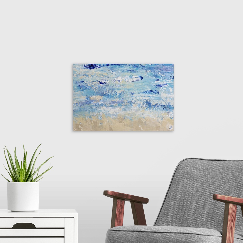 A modern room featuring A contemporary abstract painting with various blue hues with added white and tan hues to resemble...