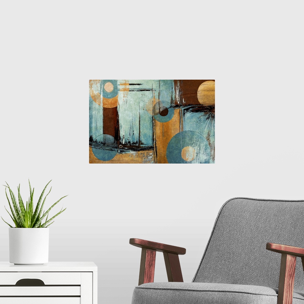 A modern room featuring Giant abstract art composed of different distressed rectangular patches of earth toned colors.  O...