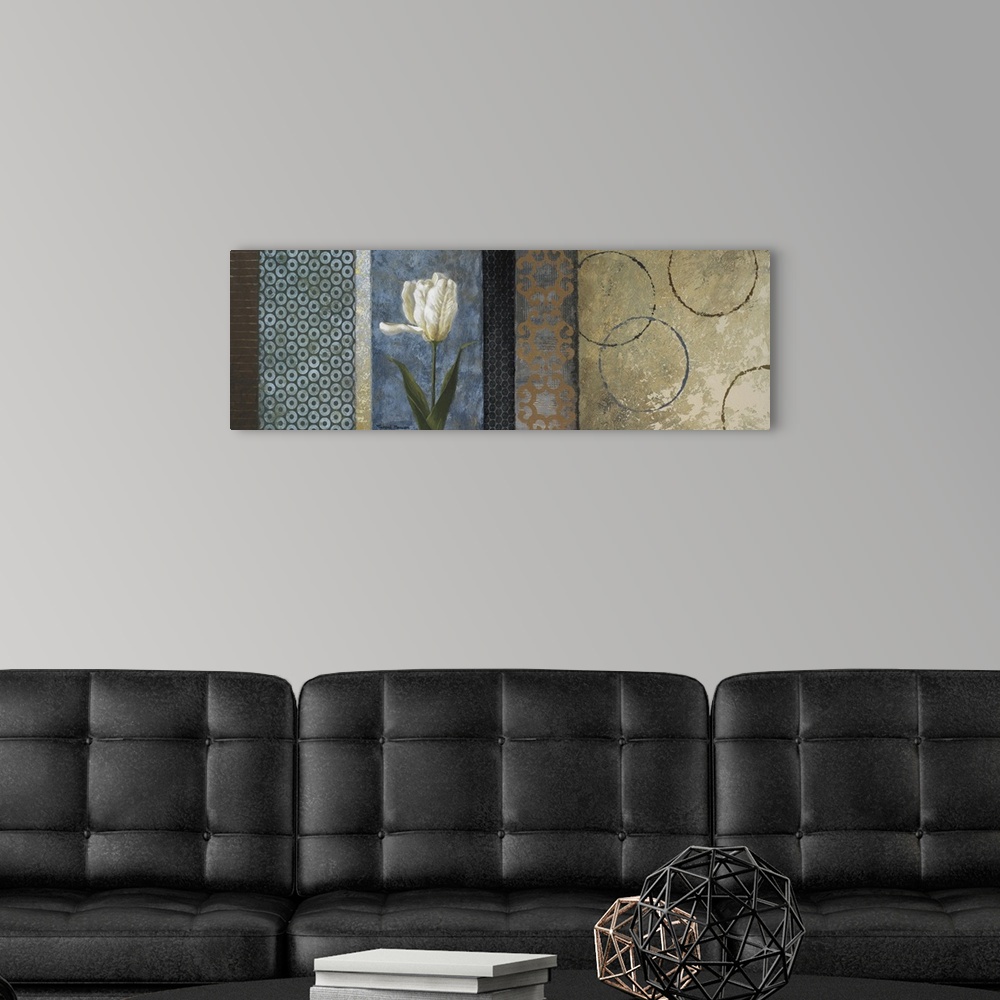 A modern room featuring Long panoramic art piece with a white tulip being the focal point surrounded by different colors ...