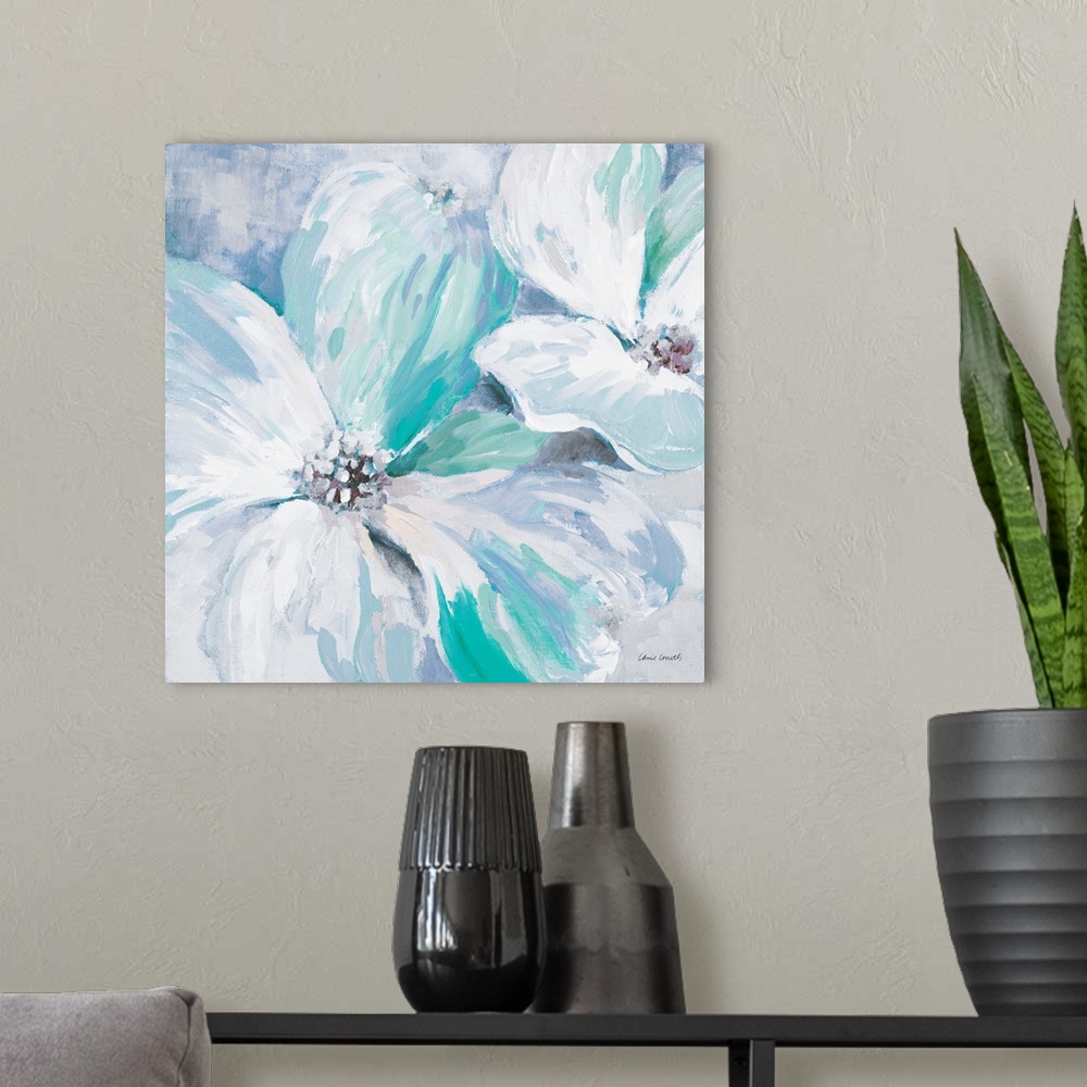 A modern room featuring This decorative artwork features bright colors with visible brush strokes.
