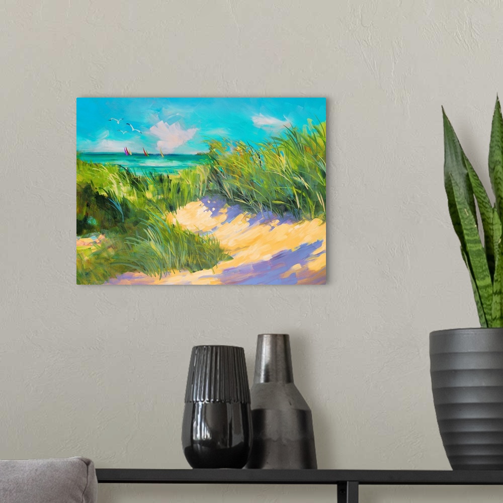 A modern room featuring Contemporary painting of a realizing beach scene. The ocean is framed by dune grass bending in th...