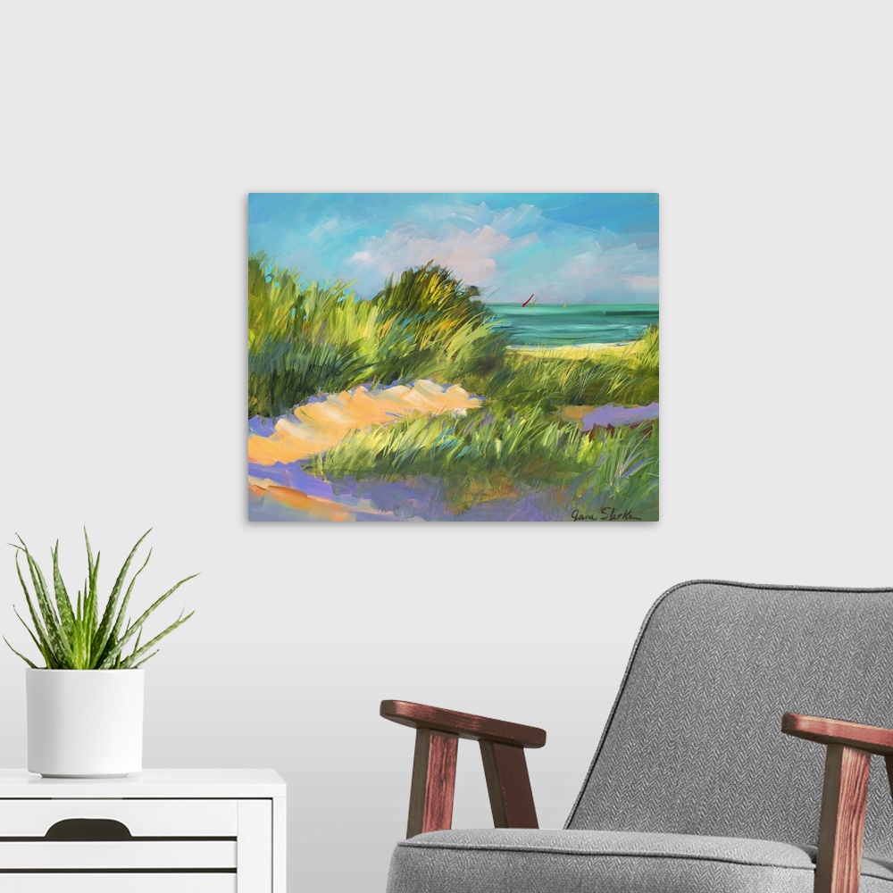 A modern room featuring A beautiful piece of artwork that is a painting of grass on the beach dunes that is blowing in th...