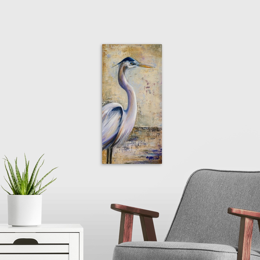 A modern room featuring A large vertical piece of a painting of a heron with an antiqued background.
