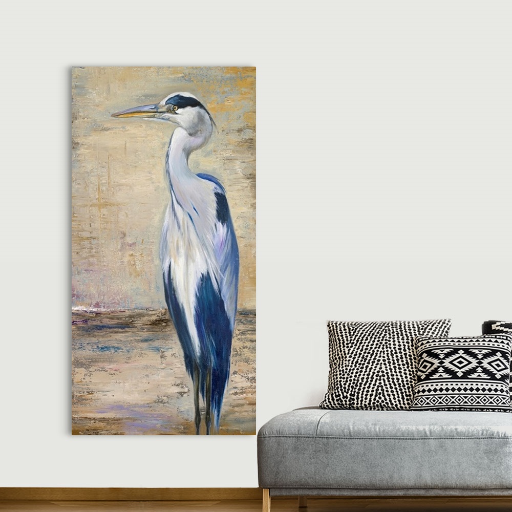 A bohemian room featuring Big, portrait painting of a blue heron standing against a background of crackling, rough neutral ...