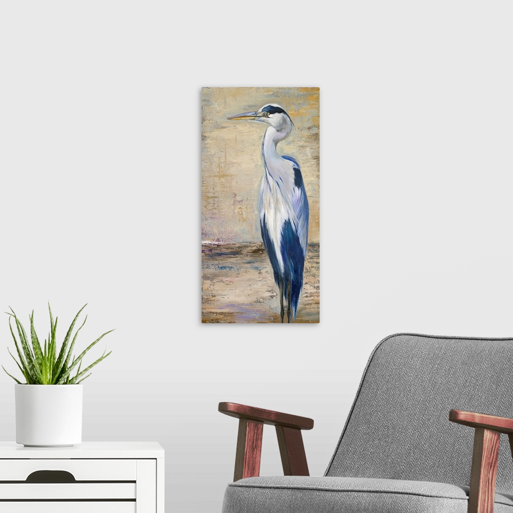 A modern room featuring Big, portrait painting of a blue heron standing against a background of crackling, rough neutral ...