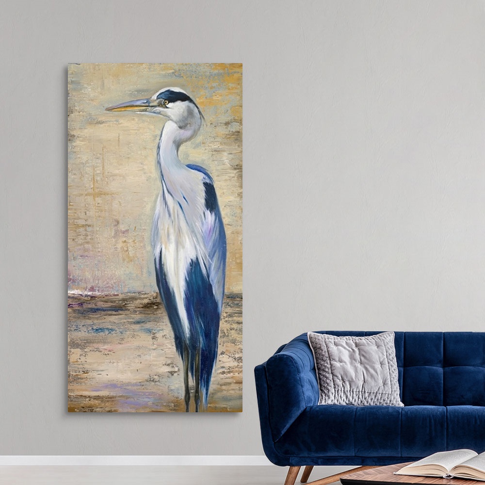 A modern room featuring Big, portrait painting of a blue heron standing against a background of crackling, rough neutral ...