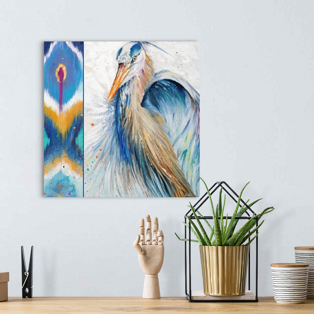 A bohemian room featuring Contemporary painting of a intense looking heron against a background with a colorful Ikat pattern.