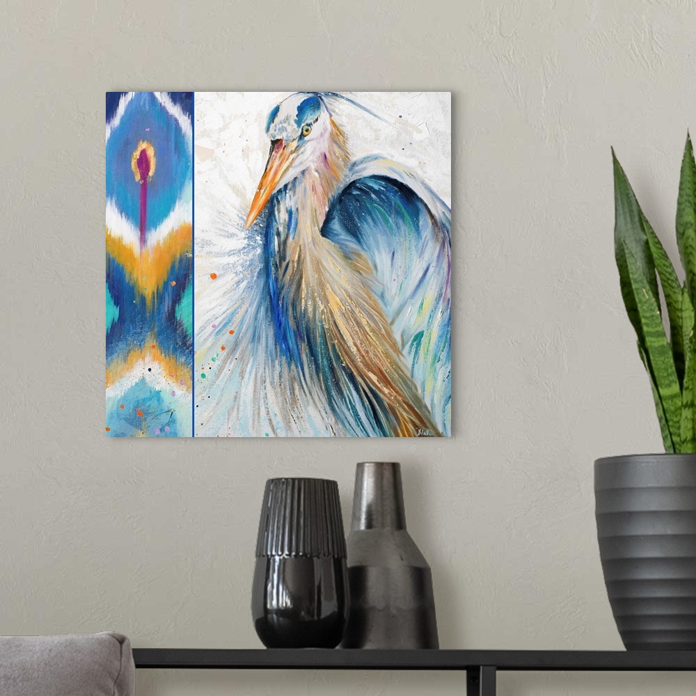 A modern room featuring Contemporary painting of a intense looking heron against a background with a colorful Ikat pattern.