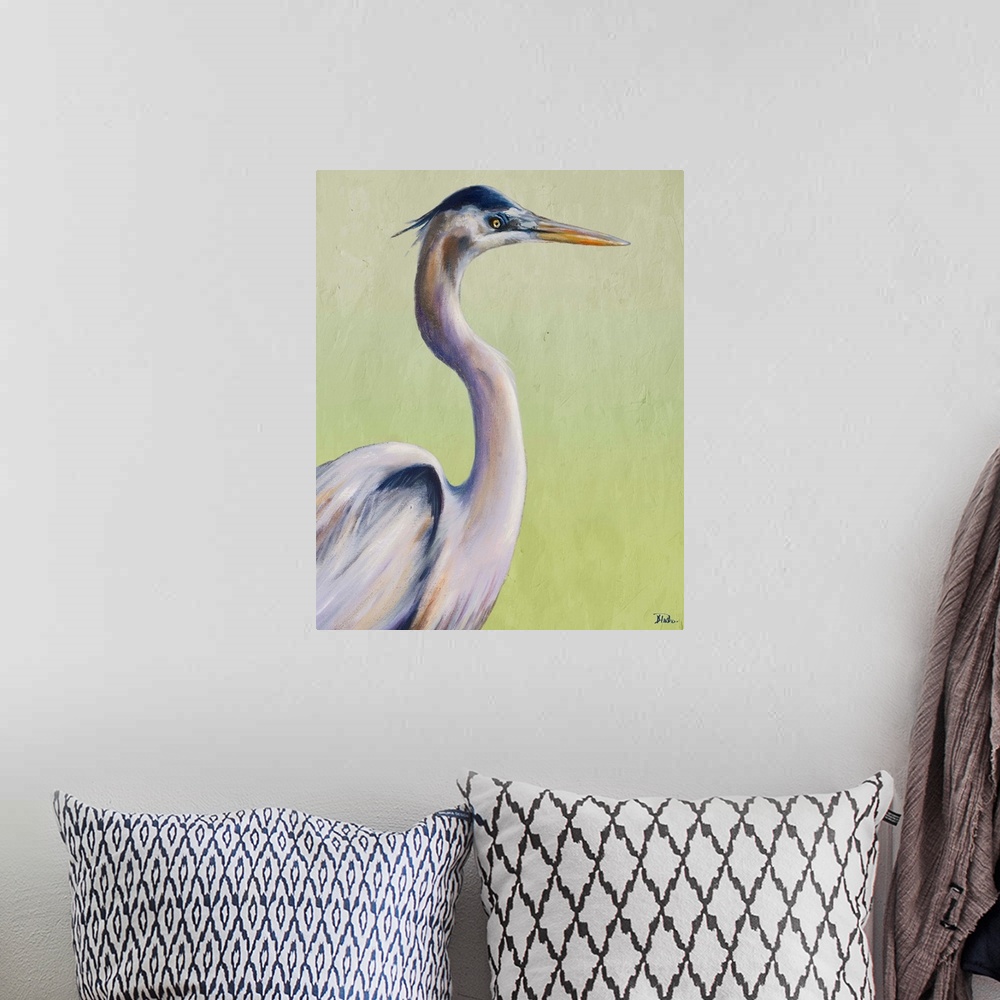 A bohemian room featuring Contemporary painting of a Great Blue Heron against a pale green background.