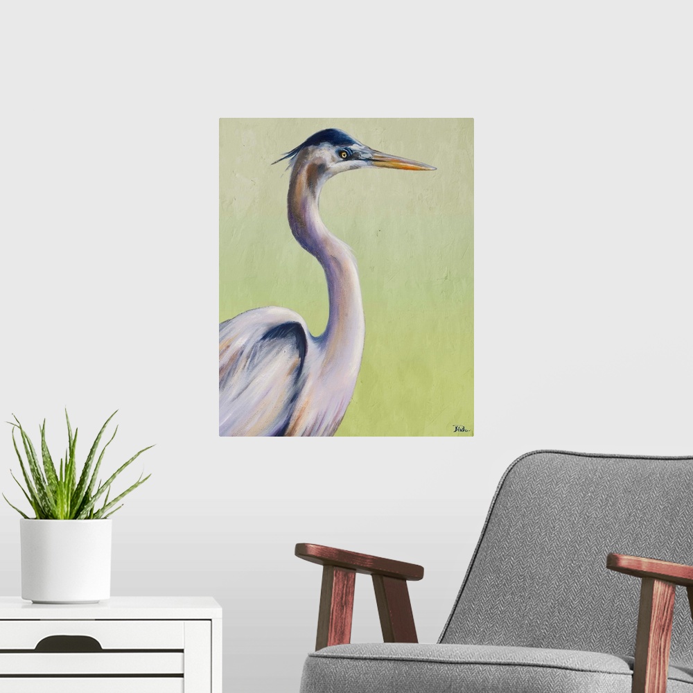 A modern room featuring Contemporary painting of a Great Blue Heron against a pale green background.